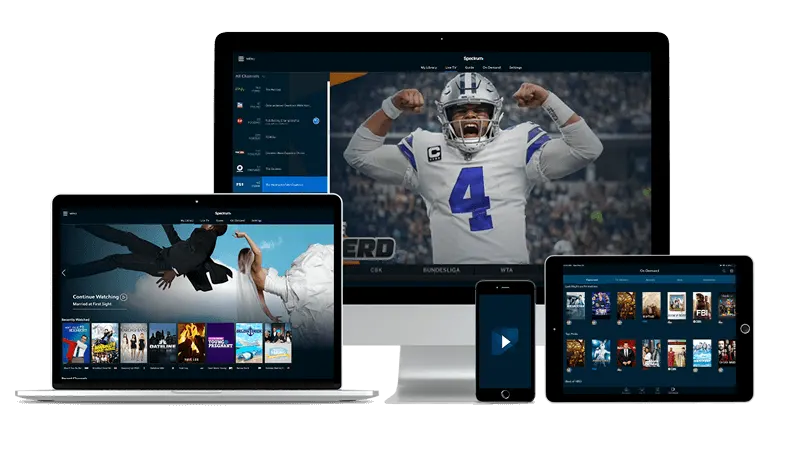 Screens showing live channels from MAG Box IPTV on a television, tablet and phone